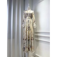 2026 Women Flower Print Elegant Robe Embroidery Stitching Flare Sleeve Crystal Beaded V-Neck Loose Fashion 100% Silk Long Dress