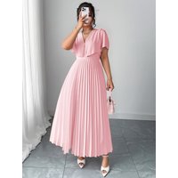 Large women's elegant chiffon waist cinched A-line pleated wedding guests' grand dress