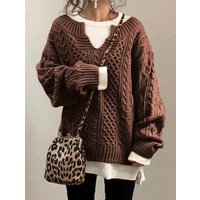 Women's Oversized Cable Knit Jumper Loose Fit V Neck Balloon Sleeve Pullover for Fall Daily Wear