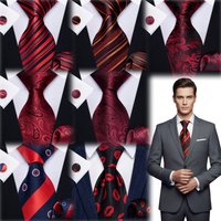 Men Red Ties Striped Paisley Floral Wedding Party Formal Necktie Handkerchief Cufflinks Gift Dropship