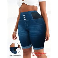 AliExpress NONE Plus Size Tummy Control Biker Shorts, Chic 3-Button Faux Denim Cycling Shorts, High Waist Slimming Yoga Bottoms for Curvy Women