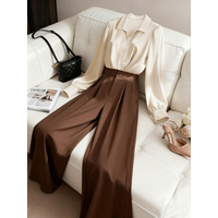 Women's Elegant Commuter Set: Elegant Lapel Long Sleeve Apricot Cardigan Shirt with High-Waisted Casual Brown Pants Two-Piece Se