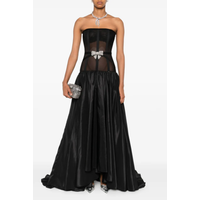 Strapless Sheer Mesh Corset Formal Gown Rhinestone Bow Satin A-Line Long Evening Party Dress with Train