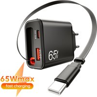 65W Super Fast Charge Type C USB Phone Charger With Retractable USB C Cable For Iphone 17 16 15 Samsung POCO Xiaomi