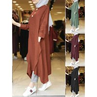 Vintage Muslim Women's Irregular Long Top Dress 2020 Autumn Abaya Midi Dress Long Sleeve Vestidos Female Solid Button Robe 5XL