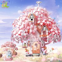 HUIQIBAO DIY Discoloration Cherry Blossom MOC Flower Pink Tree House Building Blocks Classic Model Bricks Sets Kid Romantic Gift