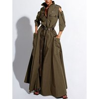 Cargo Dress for Women Vintage Zipper Fly Pockets Vintage High Street Cutout Shoulder Turn Down Collar with Belt Long Dresses