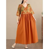 V-Neck Splice Cotton Lin Summer New Style Retro Dress plus Size Belly Concealing Loose Waist Short Sleeve A-Line Dress