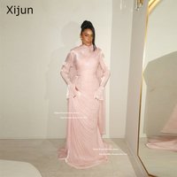 Xijun Modest Pink Long Evening Dresses Full Sleeves Pearls Muslim Prom Dresses Pleated Luxury Dubai Prom Gowns Women Customized