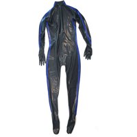 Men's black bodysuit with blue trim, including gloves and socks, with double zippers on the chest and a zipper at the crotch.