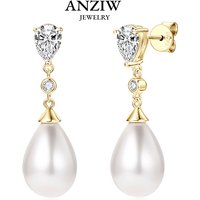 Anziw Elegant 925 Sterling Silver Earrings 13mm White Shell Pearl Drop Stud Earrings Engagement Wedding Fine Jewelry for Women