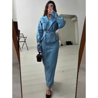 Women Two Piece Sets Skirt Set Turn Down Collar Full Sleeve Lace Up Shirt Long Skirts A Line Y2k Streetwear Elegant Work Spring