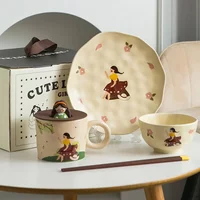 Retro Ceramic Dinner plate Cute girls Household Tableware Ceramic Rice bowl Fruit dish Breakfast Plate Coffee Mug Birthday Gift