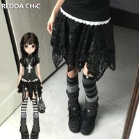 ReddaChic Goth Floral Lace Asymmetric Skirt Liner Shorts Black Elastic Waist Ruffle Tiered Mini Skirt Grunge Retro Women Bottoms
