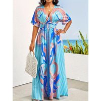 Maxi Dress Spring Summer Women Blue Pink Abstract Print V Neck Elastic Waist Boho Elegant Vacation Beach Party Dress