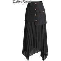 TWOTWINSTYLE Loose A Line Patchwork Button Skirts For Women High Waist Irregular Hem Pleated Skirt Female Fashion Clothing New