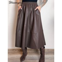 Midi Brown Leather Skirts For Women Autumn Winter Elastic Waist A Line Big Swing Black Long Skirts Women Leather With Pockets