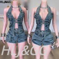 HLJ&GG Blue Vintage Denim Hollow Out Two Piece Sets Women Halter V Neck Slim Crop Top + Shorts Outfits Fashion Cowboy Streetwear