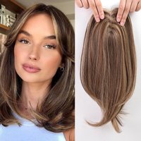 Women's Human Hair Topper With Lace Middle Part & Bangs | 9x14cm 14-18inch Bleached Knots For Realism