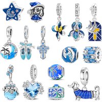 Blue Series 925 Sterling Silver Dachshund Feather Seaside Coconut Tree Star Witch Charm Fit DIY Bracelet Necklace Party Gifts