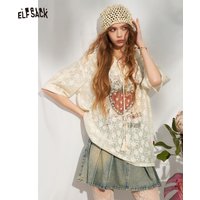 ELFSACK Graffiti Strawberry Print Lace Blouse, V-Neck Adjustable Tie Fringe Top, Gothic Court Sweet Cool Casual Shirt for Women