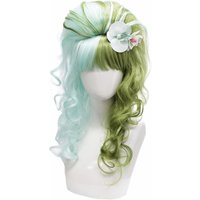 Light blue and green double fringe Lolita curly hair synthetic wig | head shape with white flower accessories