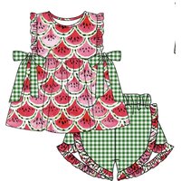 Girl Watermelon Green Gingham Shorts Sets Clothes Side Big Bow Ruffle Dress Romper Kids Cute Summer Outfit