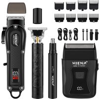 HIENA 4-in-1 Men's Grooming Kit Cordless Hair Clipper, Trimmer, Foil Shaver & Nose Trimmer USB Rechargeable LCD Display