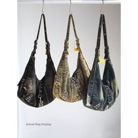 Washed Denim Crossbody Tote Bag Unisex Cool Casual Style Single Shoulder Strap Dumpling Shape Zipper Closure Daily Use Bag
