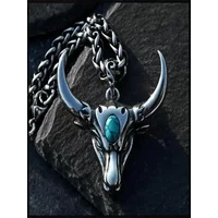 Gothic Green Stone Bull Skull Necklace Pendant Punk Animal Necklace Mens Taurus Zodiac Amulet Jewelry Anniversary Gift