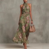 Fashion Sleeveless High Neck Ruched Waist Chiffon Flowy Evening Party Dress 2026 New Women Floral Print Halter Maxi Dress