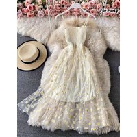 2025 Spring/summer Holiday Casual New Print Daisy Waist-Cinched French-Style Vintage Chiffon Strappy Floral Party Dress