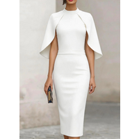 Women High Neck Cape Sleeve Bodycon Midi Dress Elegant Evening Cocktail Party Sheath Pencil Dress