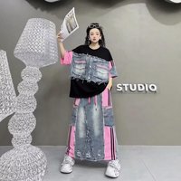 Women's Denim Cotton Half Skirt Set Heavyweight Washed Color Block Two-Piece Suit Casual Versatile Midlife H-Shape Fit