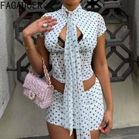 FAGADOER Sexy Polka Dot Hollow Out 3 Piece Sets Women Scarf + Ruched Stand Collar Crop Top and Mini Skirt Outfits Streetwear