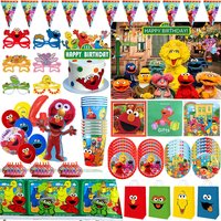 Sesames Street Birthday Decoration Tableware Set Plates Cups Napkins Tablecloth Elmo Balloon Banner Backdrop Kids Party Supplies