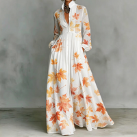 Women's Watercolor Maple Leaf Print Maxi Dress Chic Long Sleeve Stand Collar Casual A-Line Dress With Pockets For Autumn