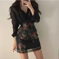 Elegant Women 2 Piece Sets Black Pink Sheer See-through Long Sleeve Shirt+High Waist A-line Floral Print Skirt Sets 2pc OL Suits