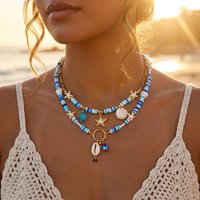 Retro Blue Polymer Clay Beaded Shell Starfish Necklace for Women Marine Elements Turtle Conch Multi Layered Choker Beach Jewelry