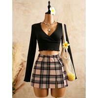 Women Black Wrap V Neck Ruffle Hem Ribbed Long Sleeve Cropped Top & Pink Plaid High Waist Split Mini Skirt 2 Piece Outfit Slim F