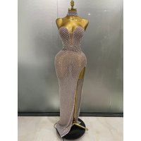 2025 Luxurious Full Rhinestones Mesh Transparent long dress Women Birthday Celebrate Evening Prom Dress party Club Stage Costume