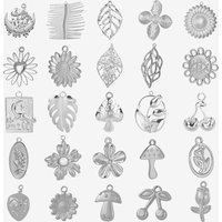 6pcs Plant Leaf Moon Flower Mushroom Silver Color Stainless Steel Charms For Jewelry Making Supplies Metal Pendant DIY Keychain