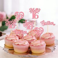 NUBECOM 24Pcs Sweet 16 Cake Toppers Glitter Hello 16 Cupcake Toppers Sixteen Happy 16th Cupcake Decorations Birthday Cake Picks