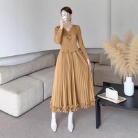 Miyake Fashion Folds Dress Women's 3D Flower Ordering V Neck Long Sleeve Waist Retraction A Line Dresses 2025 Summer New Tide
