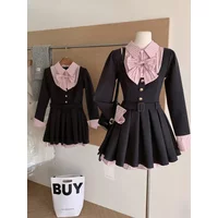 Women Korean College Preppy Mini Fake Two Pieces Shirt Dress Korean Chic Girl Bow Frock Long Sleeve One-Piece 2000s Sweet Y2k