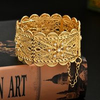 Arabic Bride's Jewelry Bracelet Engraved With Flower Patterns, Side-Opening Bracelet, Gold-Plated, Wedding Dress Wrist Ornaments