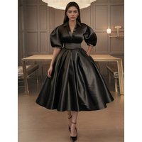Satin Elegant Puff Sleeve Plus Size Dress Sexy V-Neck High Waist Wedding Guest Cocktail Pleated A-line Solid Evening Dresses