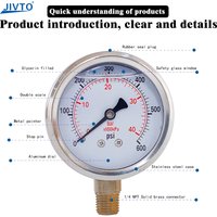 JIVTO 2.5 Inch Glycerin Filled Pressure Gauge - 1/4" NPT Lower Mount, 30-10000 PSI/Bar, Hydraulic Oil Air Water