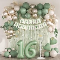 73pcs Sweet 16 Party Decorations: 16th Birthday Banner, Number 16 Balloon, Fringe Curtain & Sage Green, Sand White, Gold Balloon
