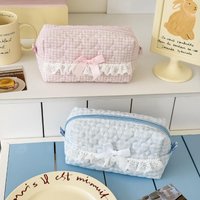 1PC Pink Blue Checkered Lace Pencil Case Quilted Cotton Large Capacity Organizer For School Office Stationery Gift